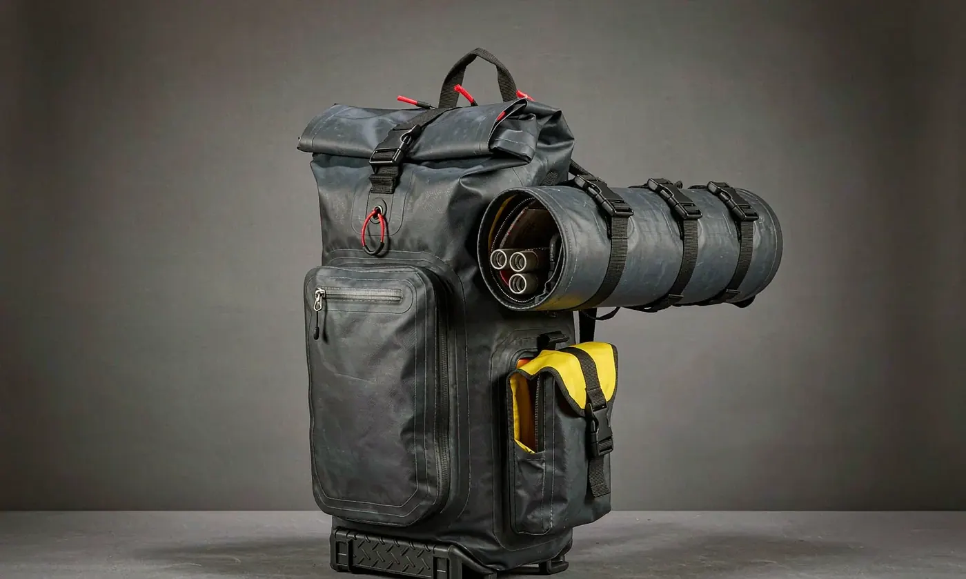 Side view of a tackle backpack showing a vertical rod tube lashed at two points with a closed cup at the base