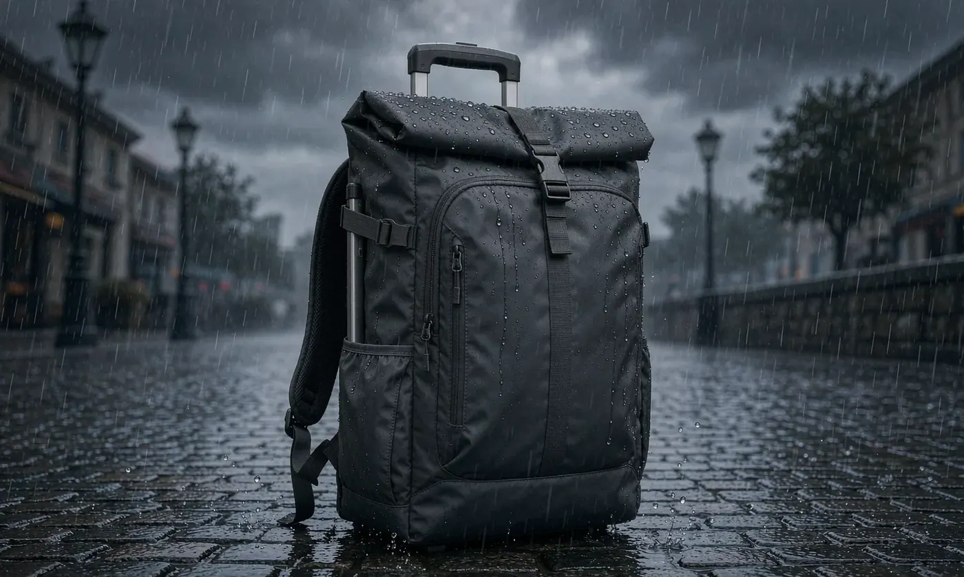 Roll-top waterproof backpack with welded seams on a wet dock